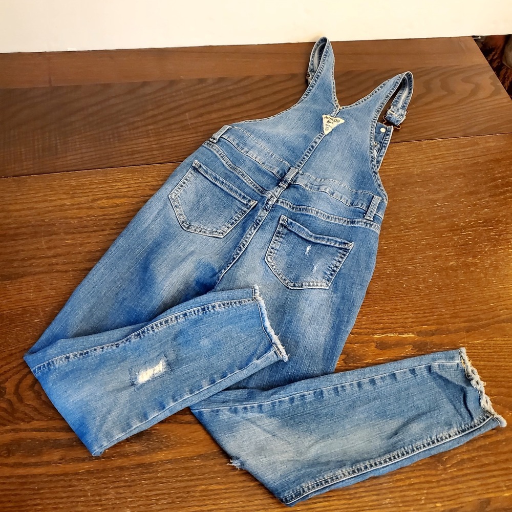 Oshkosh B'gosh Girls Denim Overalls 8A Distressed Skinny Leg Zip Side Adjustable